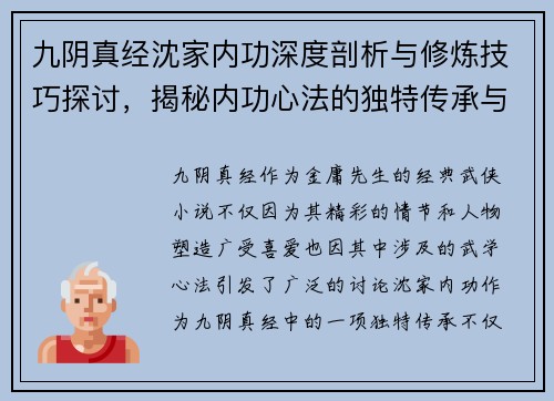 九阴真经沈家内功深度剖析与修炼技巧探讨，揭秘内功心法的独特传承与发展