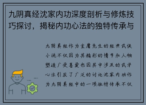九阴真经沈家内功深度剖析与修炼技巧探讨，揭秘内功心法的独特传承与发展